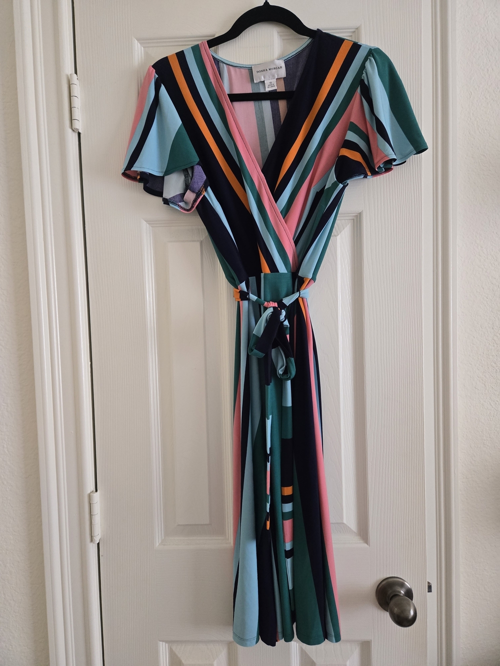 Donna Morgan Multicolor Striped Wrap Midi Dress - Teal, Pink & Navy